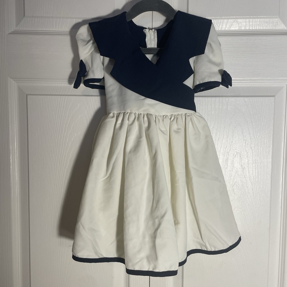 Vintage KIds Time Dress Girls 2 White Navy Collared Short Sleeve 80s Sailor Bows